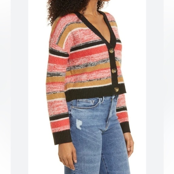 NWT BP. Crop Recycled Blend Knit Cardigan In Black Marl Striped V-Neck Size M - Picture 2 of 8